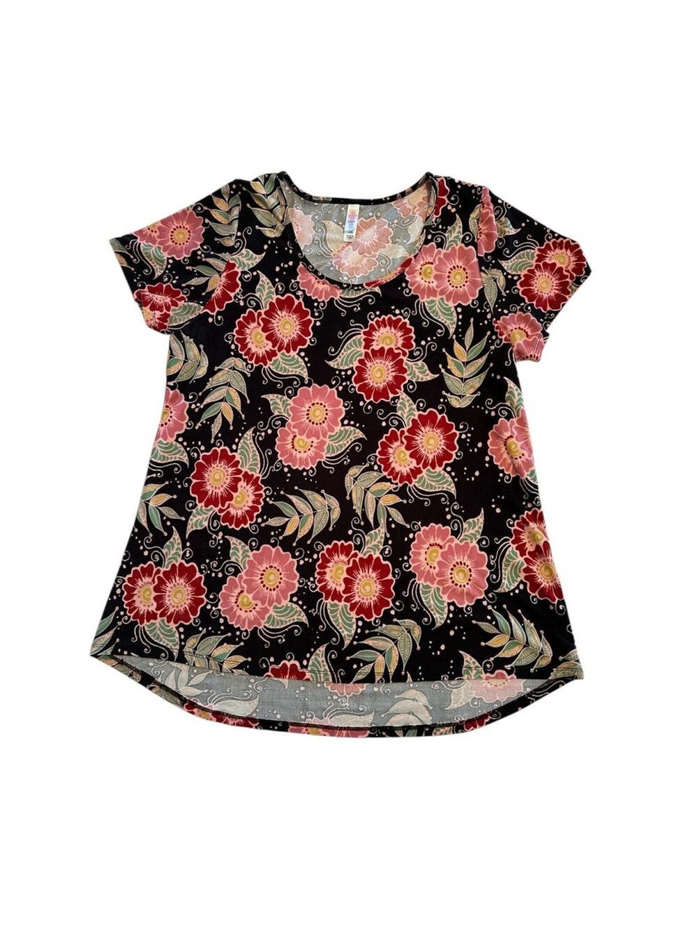 LuLaRoe SOFT Floral Blouse Womens Large Multicolor Short Sleeves Black Pink Red